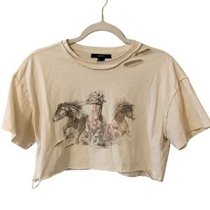 Forever 21 Cream Horse Graphic Distressed Crop Top